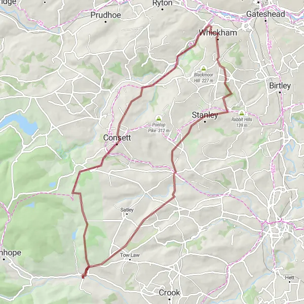 Map miniature of "Stanley Loop" cycling inspiration in Northumberland and Tyne and Wear, United Kingdom. Generated by Tarmacs.app cycling route planner