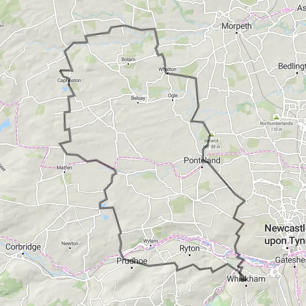 Map miniature of "Prudhoe Gravel Loop" cycling inspiration in Northumberland and Tyne and Wear, United Kingdom. Generated by Tarmacs.app cycling route planner