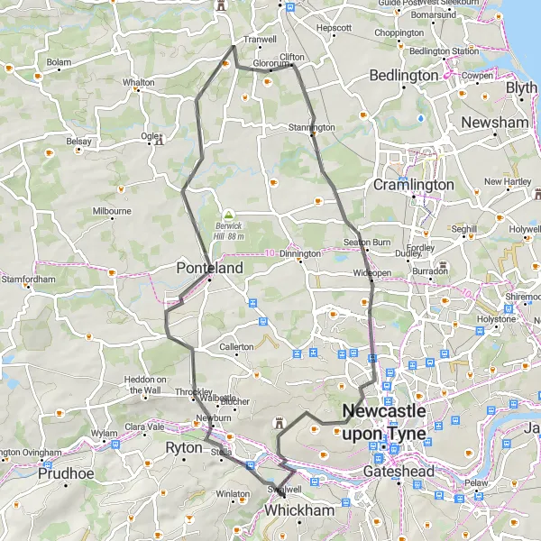 Map miniature of "Whickham and Tyne Valley Road Adventure" cycling inspiration in Northumberland and Tyne and Wear, United Kingdom. Generated by Tarmacs.app cycling route planner