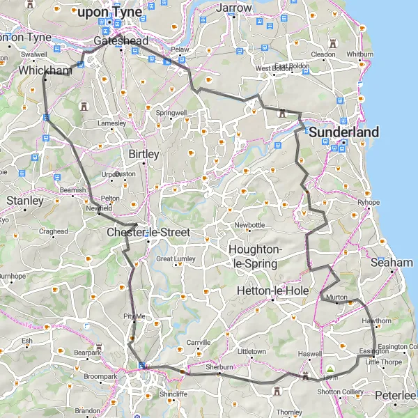 Map miniature of "Gateshead Hill Climber" cycling inspiration in Northumberland and Tyne and Wear, United Kingdom. Generated by Tarmacs.app cycling route planner