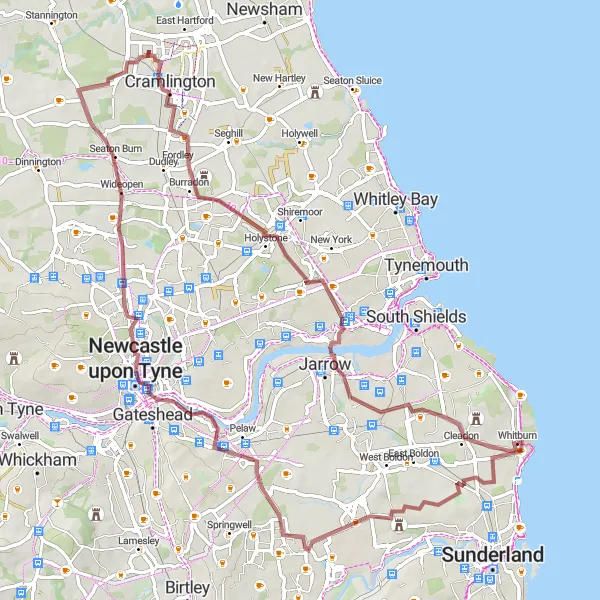 Map miniature of "Coastal Gravel Adventure" cycling inspiration in Northumberland and Tyne and Wear, United Kingdom. Generated by Tarmacs.app cycling route planner