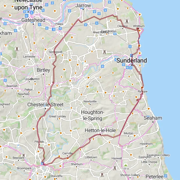 Map miniature of "Inland Gravel Loop" cycling inspiration in Northumberland and Tyne and Wear, United Kingdom. Generated by Tarmacs.app cycling route planner