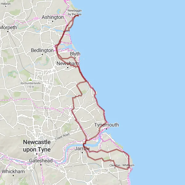 Map miniature of "Whitburn to Beacon Hill Gravel Circuit" cycling inspiration in Northumberland and Tyne and Wear, United Kingdom. Generated by Tarmacs.app cycling route planner