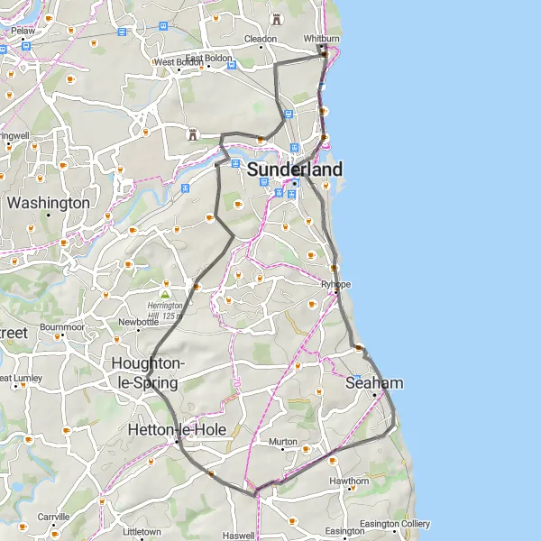 Map miniature of "Coastal Road Adventure" cycling inspiration in Northumberland and Tyne and Wear, United Kingdom. Generated by Tarmacs.app cycling route planner