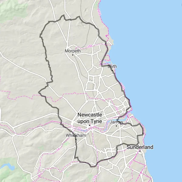 Map miniature of "Whitburn to Monkwearmouth–Jarrow Abbey Loop" cycling inspiration in Northumberland and Tyne and Wear, United Kingdom. Generated by Tarmacs.app cycling route planner