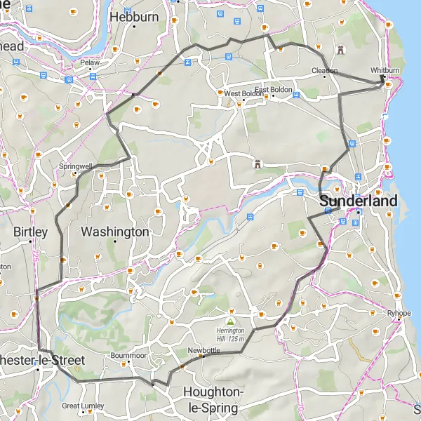 Map miniature of "Whitburn Circular" cycling inspiration in Northumberland and Tyne and Wear, United Kingdom. Generated by Tarmacs.app cycling route planner