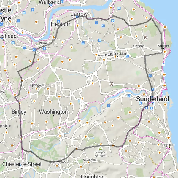 Map miniature of "Whitburn - Humbledon Hill Circuit" cycling inspiration in Northumberland and Tyne and Wear, United Kingdom. Generated by Tarmacs.app cycling route planner