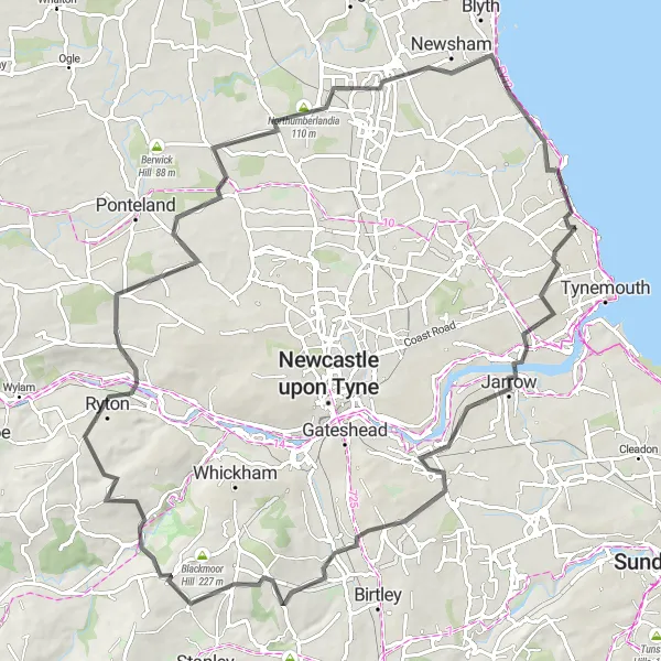 Map miniature of "Bike Adventure in Northumberland and Tyne" cycling inspiration in Northumberland and Tyne and Wear, United Kingdom. Generated by Tarmacs.app cycling route planner