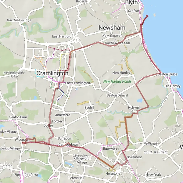 Map miniature of "Wideopen to Seaton Sluice Round-trip (gravel)" cycling inspiration in Northumberland and Tyne and Wear, United Kingdom. Generated by Tarmacs.app cycling route planner