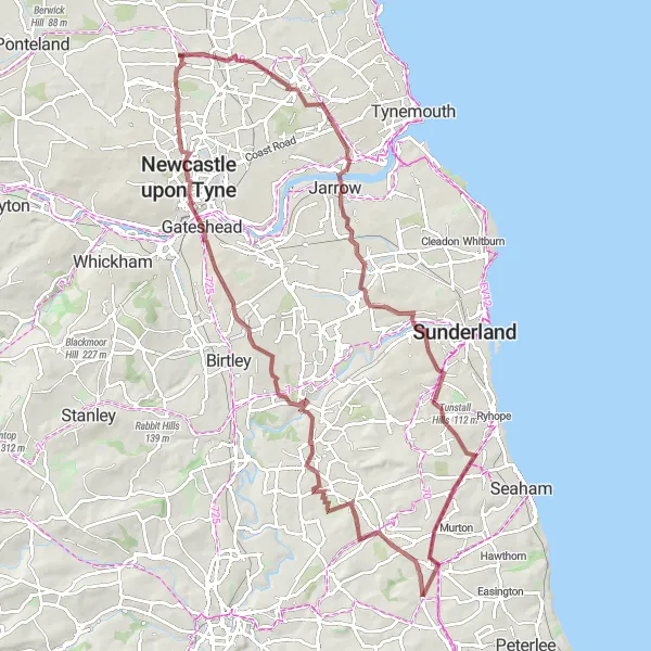 Map miniature of "Wideopen-Weetslade-Down Hill-Hylton Castle-Newport Hill-Easington Lane-Sheriff Hill-Gosforth" cycling inspiration in Northumberland and Tyne and Wear, United Kingdom. Generated by Tarmacs.app cycling route planner