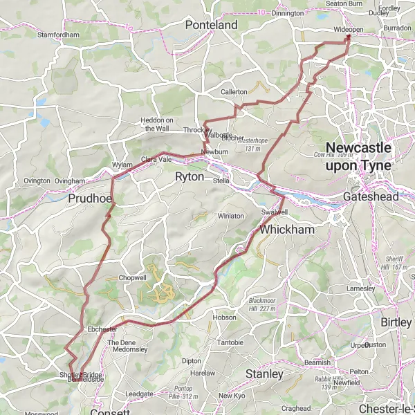 Map miniature of "Wideopen to Wylam Round-trip (gravel)" cycling inspiration in Northumberland and Tyne and Wear, United Kingdom. Generated by Tarmacs.app cycling route planner