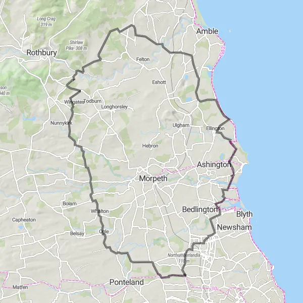 Map miniature of "Wideopen to Cresswell Round-trip" cycling inspiration in Northumberland and Tyne and Wear, United Kingdom. Generated by Tarmacs.app cycling route planner