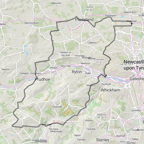 Map miniature of "Wideopen to Dinnington Round-trip" cycling inspiration in Northumberland and Tyne and Wear, United Kingdom. Generated by Tarmacs.app cycling route planner