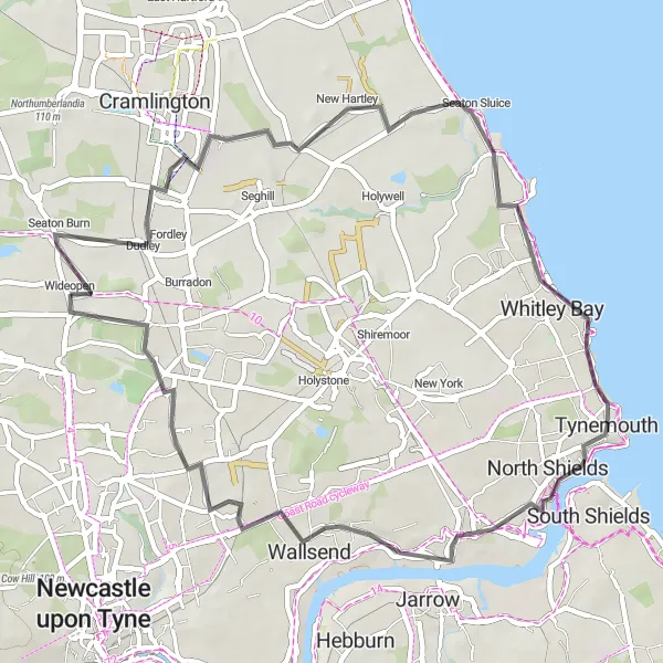 Map miniature of "Wideopen to Segedunum Fort Round-trip" cycling inspiration in Northumberland and Tyne and Wear, United Kingdom. Generated by Tarmacs.app cycling route planner