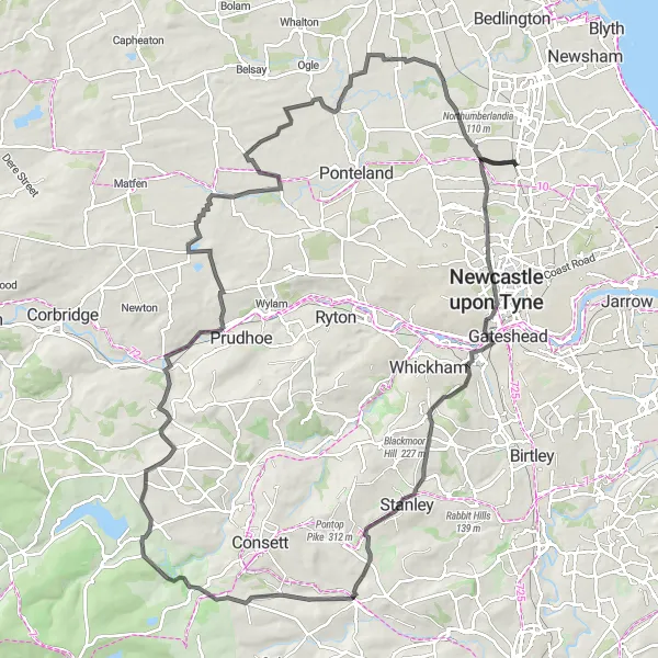 Map miniature of "Wideopen-Haymarket-Causey Arch view-Ornsby Hill-Healeyfield-Ovingham-Stamfordham-Weetslade Colliery Country Park" cycling inspiration in Northumberland and Tyne and Wear, United Kingdom. Generated by Tarmacs.app cycling route planner