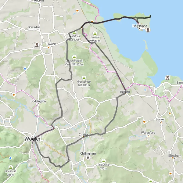 Map miniature of "Wooler Tower Loop" cycling inspiration in Northumberland and Tyne and Wear, United Kingdom. Generated by Tarmacs.app cycling route planner