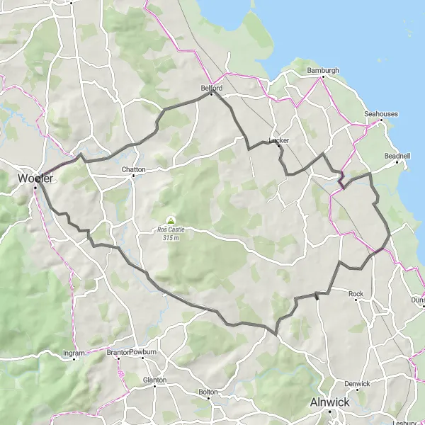 Map miniature of "Coastal Village Loop" cycling inspiration in Northumberland and Tyne and Wear, United Kingdom. Generated by Tarmacs.app cycling route planner