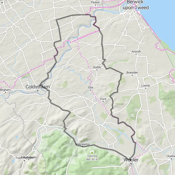 Map miniature of "Wooler Hillside Adventure" cycling inspiration in Northumberland and Tyne and Wear, United Kingdom. Generated by Tarmacs.app cycling route planner