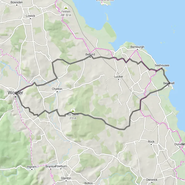 Map miniature of "Wooler Moor Loop" cycling inspiration in Northumberland and Tyne and Wear, United Kingdom. Generated by Tarmacs.app cycling route planner