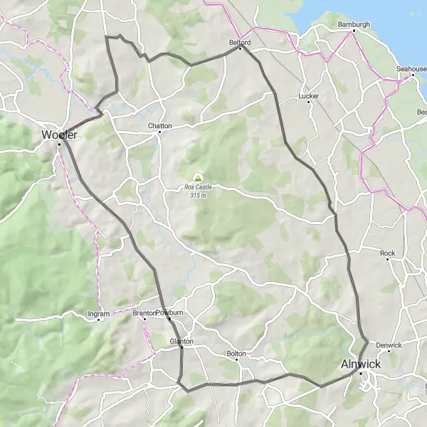 Map miniature of "The Wooler Tower Loop" cycling inspiration in Northumberland and Tyne and Wear, United Kingdom. Generated by Tarmacs.app cycling route planner