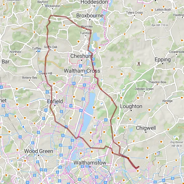 Map miniature of "The Gravel Escapade" cycling inspiration in Outer London — East and North East, United Kingdom. Generated by Tarmacs.app cycling route planner