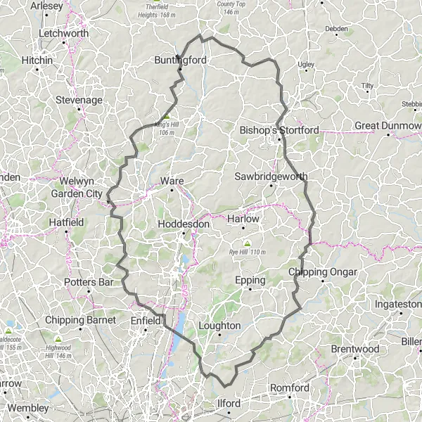 Map miniature of "The Hertfordshire Adventure" cycling inspiration in Outer London — East and North East, United Kingdom. Generated by Tarmacs.app cycling route planner