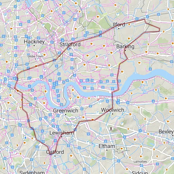 Map miniature of "Gravel Adventure: Beckton to Tower of London" cycling inspiration in Outer London — East and North East, United Kingdom. Generated by Tarmacs.app cycling route planner