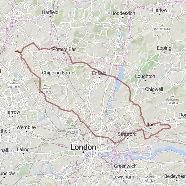 Map miniature of "Gravel Adventure in the East" cycling inspiration in Outer London — East and North East, United Kingdom. Generated by Tarmacs.app cycling route planner