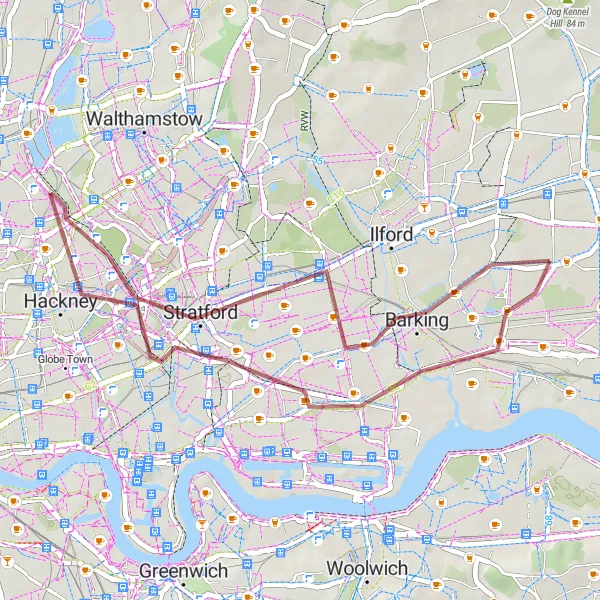 Map miniature of "The Gravelly Becontree Adventure" cycling inspiration in Outer London — East and North East, United Kingdom. Generated by Tarmacs.app cycling route planner