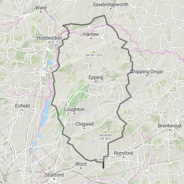 Map miniature of "Road Tour in the North East" cycling inspiration in Outer London — East and North East, United Kingdom. Generated by Tarmacs.app cycling route planner