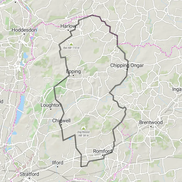 Map miniature of "Ride to the Countryside" cycling inspiration in Outer London — East and North East, United Kingdom. Generated by Tarmacs.app cycling route planner
