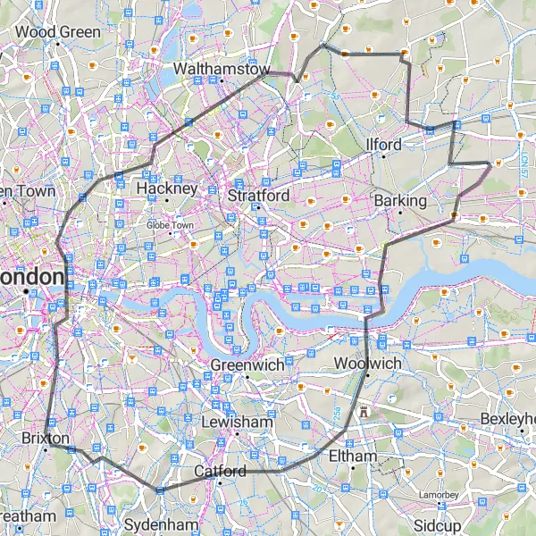 Map miniature of "East London Urban Adventure" cycling inspiration in Outer London — East and North East, United Kingdom. Generated by Tarmacs.app cycling route planner