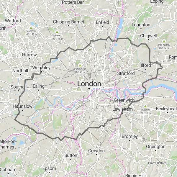 Map miniature of "Tour of East and North East London" cycling inspiration in Outer London — East and North East, United Kingdom. Generated by Tarmacs.app cycling route planner