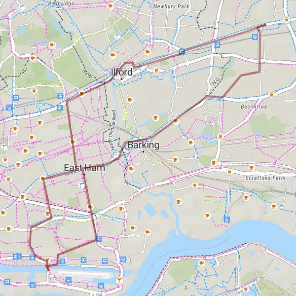 Map miniature of "Manor Park Gravel Loop" cycling inspiration in Outer London — East and North East, United Kingdom. Generated by Tarmacs.app cycling route planner