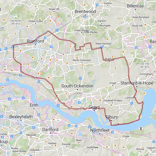 Map miniature of "The Romford and Thames loop" cycling inspiration in Outer London — East and North East, United Kingdom. Generated by Tarmacs.app cycling route planner