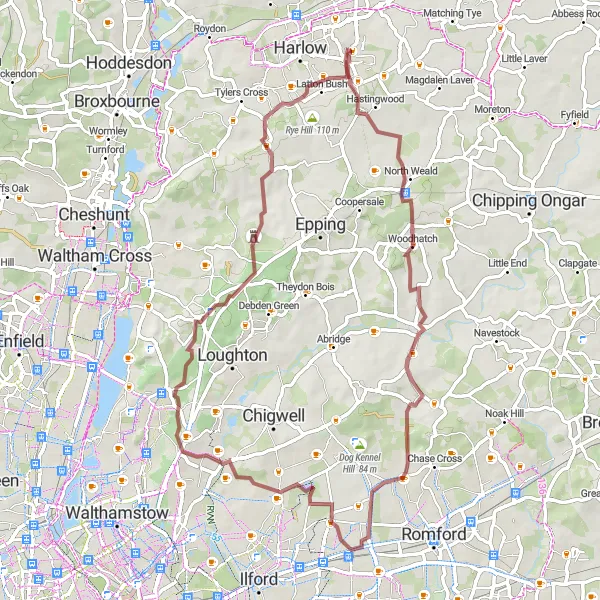 Map miniature of "The Woodford and Epping Adventure" cycling inspiration in Outer London — East and North East, United Kingdom. Generated by Tarmacs.app cycling route planner