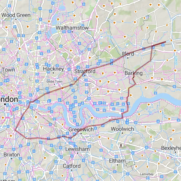 Map miniature of "Barking Gravel Loop" cycling inspiration in Outer London — East and North East, United Kingdom. Generated by Tarmacs.app cycling route planner