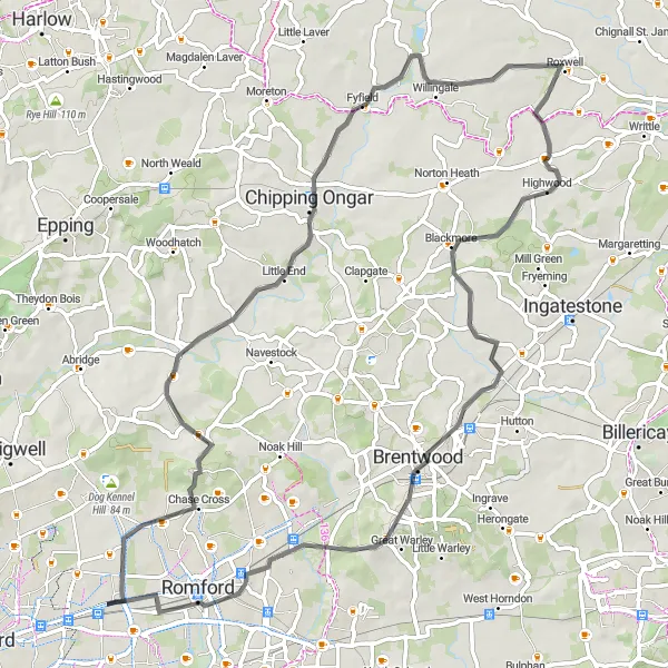 Map miniature of "The Havering Loop" cycling inspiration in Outer London — East and North East, United Kingdom. Generated by Tarmacs.app cycling route planner