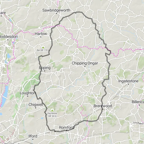 Map miniature of "The Chigwell-Epping Epic Ride" cycling inspiration in Outer London — East and North East, United Kingdom. Generated by Tarmacs.app cycling route planner