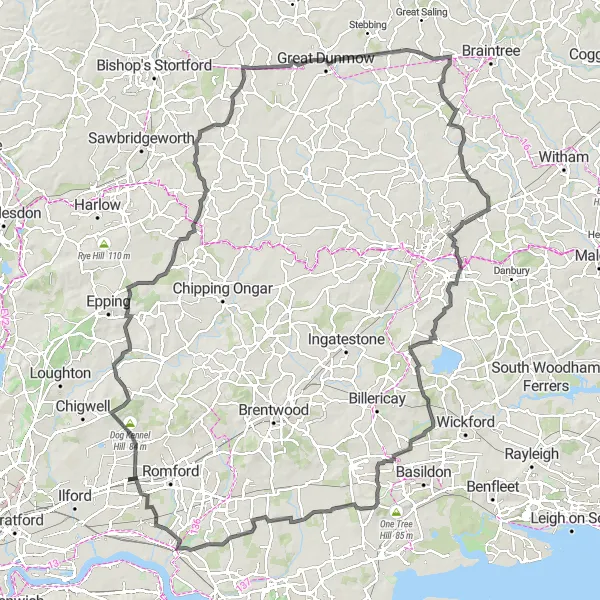 Map miniature of "Dog Kennel Hill Epic Ride" cycling inspiration in Outer London — East and North East, United Kingdom. Generated by Tarmacs.app cycling route planner