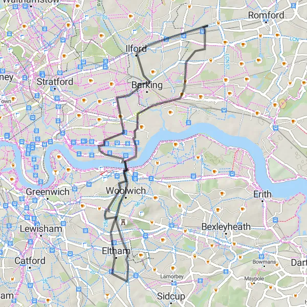 Map miniature of "Beckton Road Loop" cycling inspiration in Outer London — East and North East, United Kingdom. Generated by Tarmacs.app cycling route planner