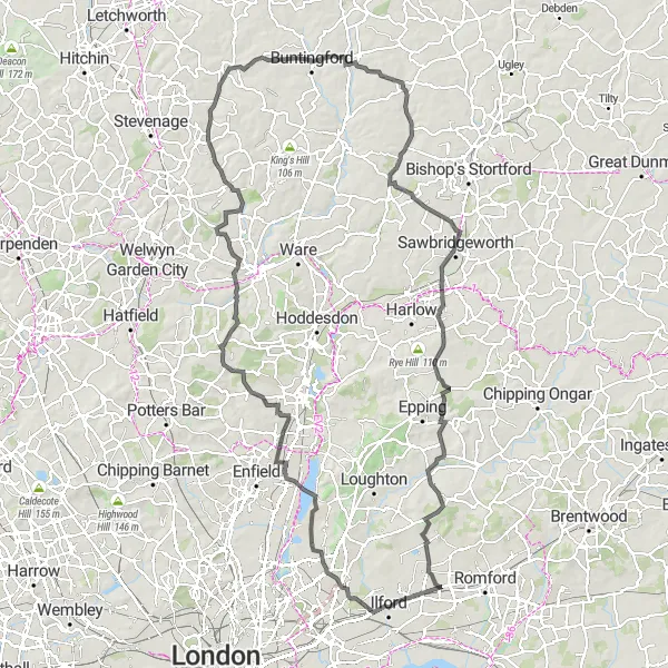Map miniature of "Hertingfordbury Road Adventure" cycling inspiration in Outer London — East and North East, United Kingdom. Generated by Tarmacs.app cycling route planner