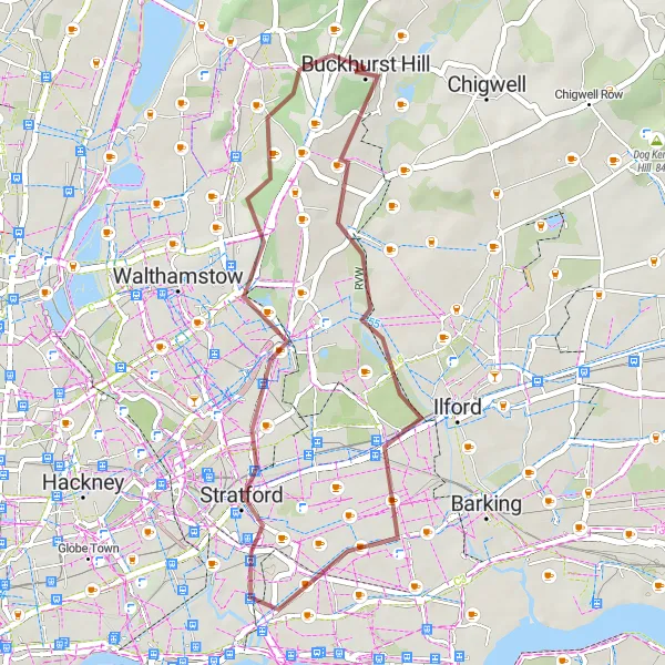 Map miniature of "Chingford to Highams Park" cycling inspiration in Outer London — East and North East, United Kingdom. Generated by Tarmacs.app cycling route planner