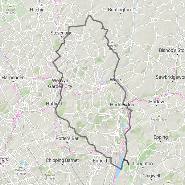 Map miniature of "Chingford to Ware and Waltham Abbey" cycling inspiration in Outer London — East and North East, United Kingdom. Generated by Tarmacs.app cycling route planner