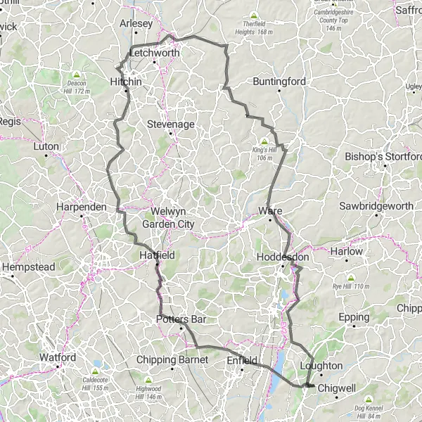 Map miniature of "The Great Hertfordshire Adventure" cycling inspiration in Outer London — East and North East, United Kingdom. Generated by Tarmacs.app cycling route planner