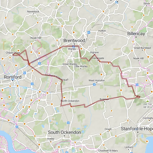 Map miniature of "Brentwood Gravel Adventure" cycling inspiration in Outer London — East and North East, United Kingdom. Generated by Tarmacs.app cycling route planner