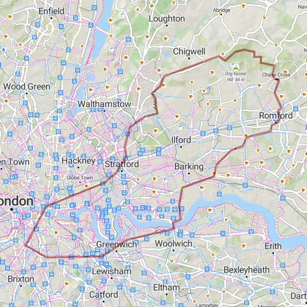 Map miniature of "Thames River Tour" cycling inspiration in Outer London — East and North East, United Kingdom. Generated by Tarmacs.app cycling route planner