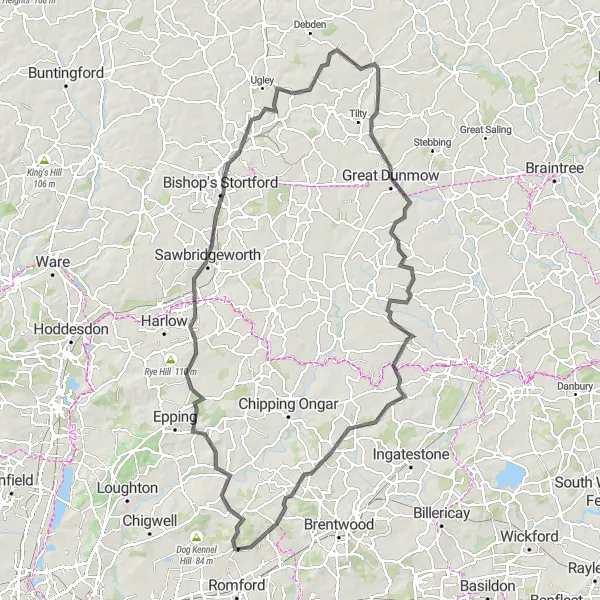 Map miniature of "Eastern Escape" cycling inspiration in Outer London — East and North East, United Kingdom. Generated by Tarmacs.app cycling route planner