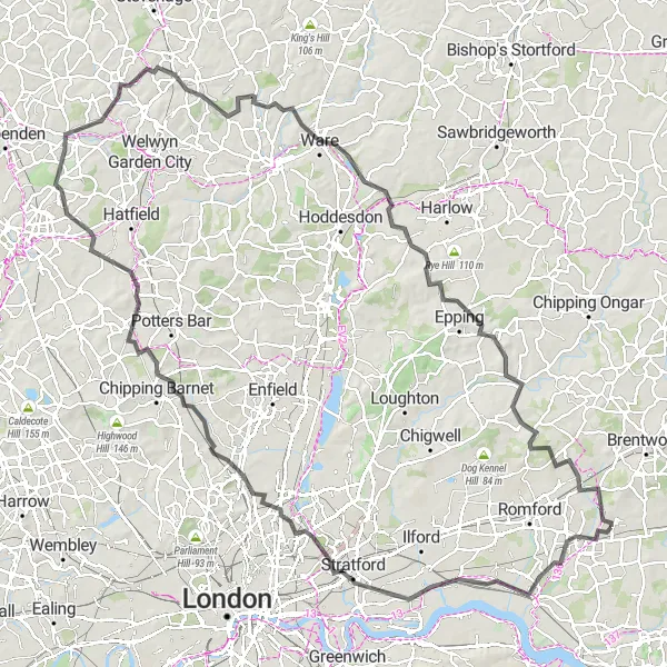 Map miniature of "Challenging Hills and Scenic Roads" cycling inspiration in Outer London — East and North East, United Kingdom. Generated by Tarmacs.app cycling route planner
