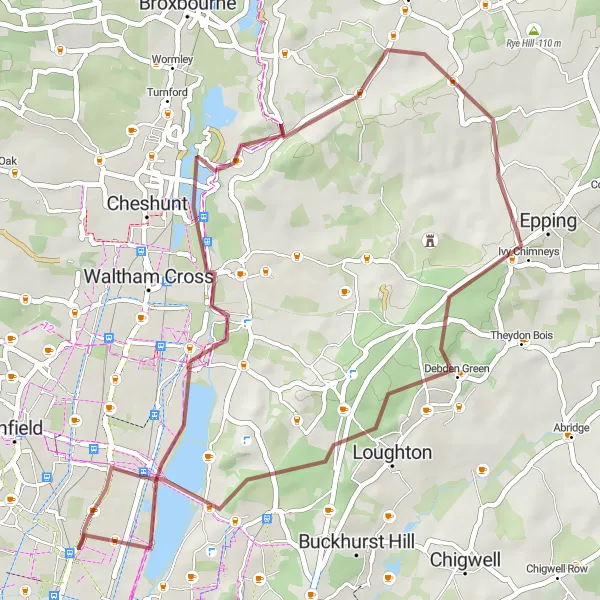 Map miniature of "The Gravel Adventure" cycling inspiration in Outer London — East and North East, United Kingdom. Generated by Tarmacs.app cycling route planner